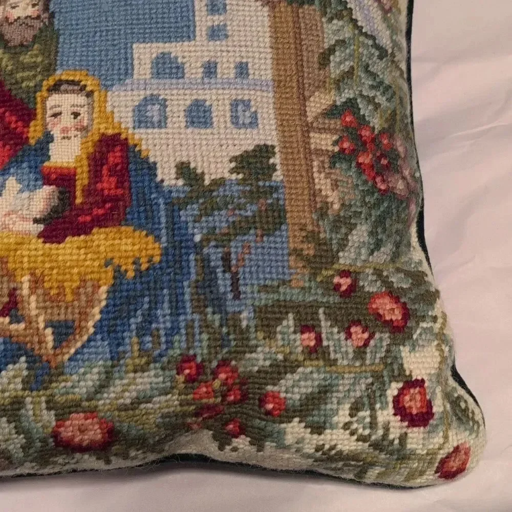 Holiday Nativity Scene Needlepoint Pillow Green Velvet Backing